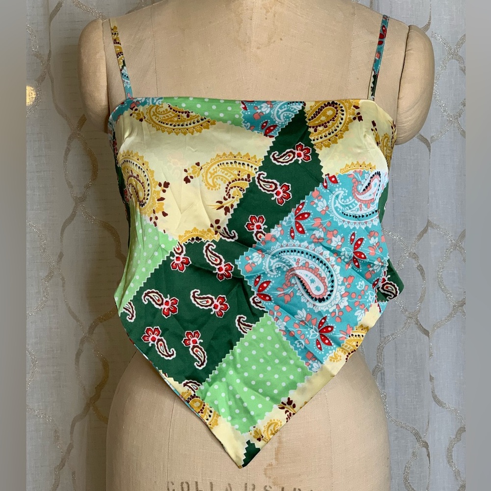 NWT Miss Sparkling Green Yellow Blue Hanky Tie Top sz L